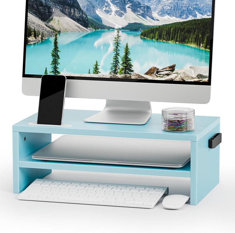 Marbrasse Monitor Stand Riser, 16.5 Inch 2 Tier Computer Printer Shelf Stand for Laptop Computer Screen Storage, Desktop Stand with Phone Holder and Cable Management (Blue) - Image 1